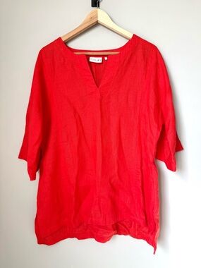FOIL Red V-Neck 100% Linen Tunic Top